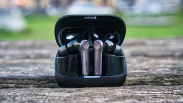 The EarFun Air Pro 4+ wireless earbuds in their charging case
