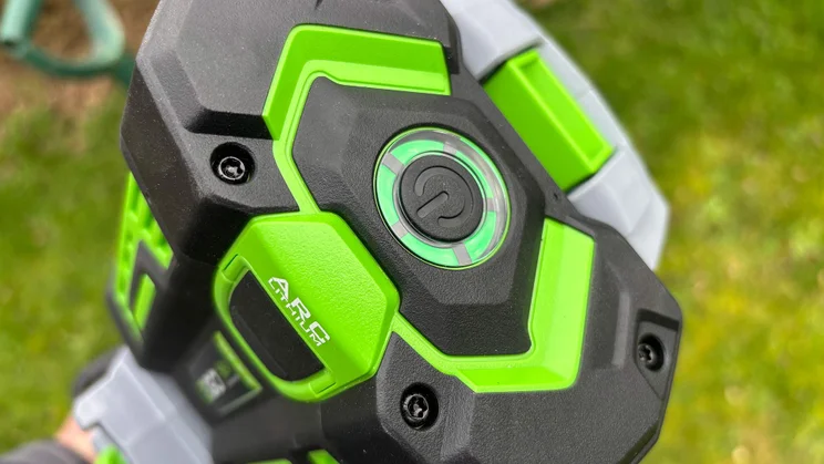 A closeup of the Ego ST1511E-T grass trimmer's battery indicator lights