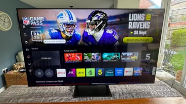 Front view of the Hisense U7Q Pro Mini LED TV displaying the TV homepage