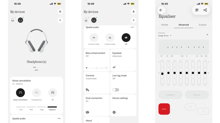 Three screenshots of the Nothing X app showing the noise-cancelling settings, feature options and equaliser