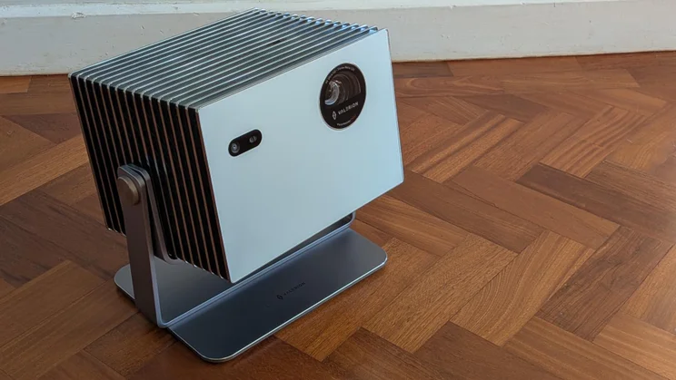 Front-right view of the Valerion StreamMaster Plus 2 4K projector on its gimbal stand