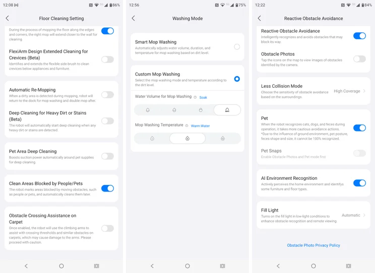 3x screenshots of the Roborock Saros 20 settings in the app