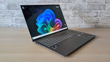 The Acer Swift 16 AI, open, pictured from the front left quarter