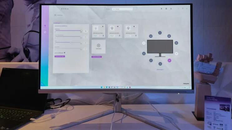 An Evnia gaming monitor showing the control interface for Ambiscape