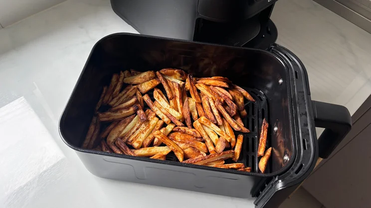 Cooked chips in the drawer of the Cuisinart Compact Max Air Fryer