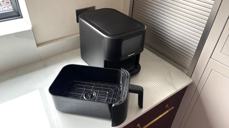The Cuisinart Compact Max Air Fryer with its drawer removed, on a kitchen worktop