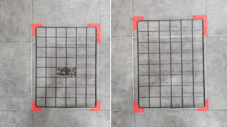 A side-by-side comparison showing results of cleaning mud from tile flooring with the Dyson PencilWash