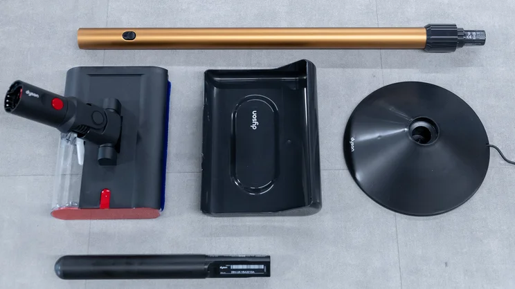 A bird's-eye view of the Dyson PencilWash hard floor cleaner disassembled into its constituent parts