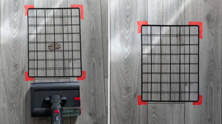 A side-by-side comparison showing results of cleaning mud from vinyl flooring with the Dyson PencilWash