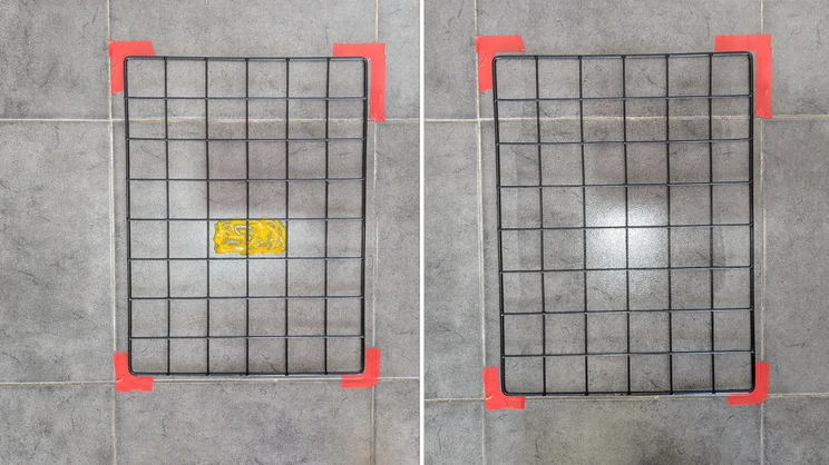 A side-by-side comparison showing results of cleaning mustard from tile flooring with the Dyson PencilWash