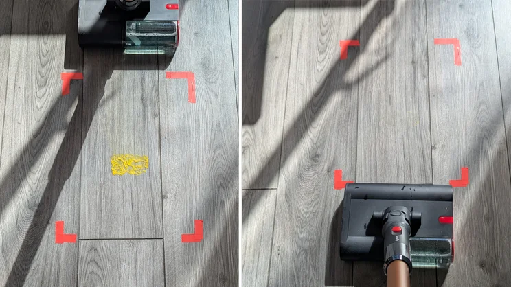 A side-by-side comparison showing results of cleaning mustard from vinyl flooring with the Dyson PencilWash