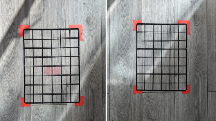 A side-by-side comparison showing results of cleaning blackcurrant squash from vinyl flooring with the Dyson PencilWash