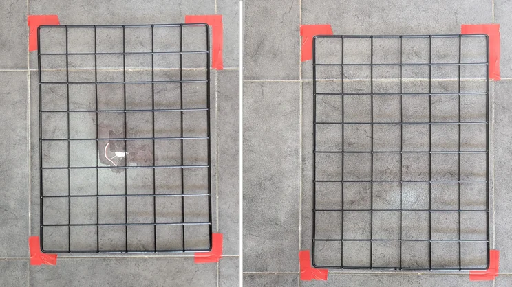 A side-by-side comparison showing results of cleaning blackcurrant squash from tiled flooring with the Dyson PencilWash