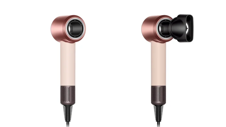 The Dyson Supersonic Travel hair dryer on a white background, a side by side comparison of the hair dryer with and without its concentrator nozzle attachment