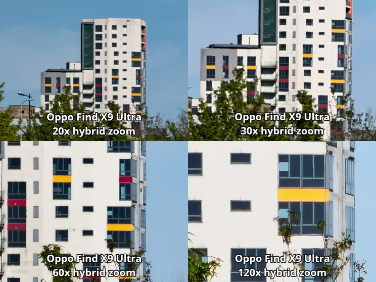 Zoom comparison image showing different zooms of a white building with red and yellow patches