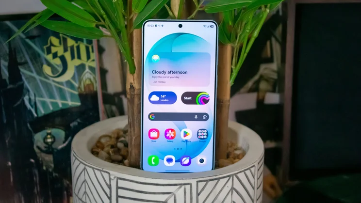 Samsung Galaxy S26 Plus in a plant pot, front view