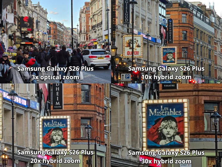 Comparison image showing four different zoom levels on the Samsung Galaxy S26 Plus