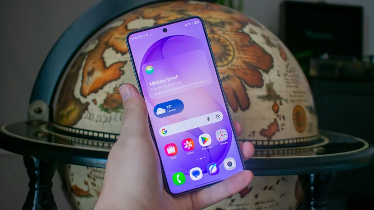 Samsung Galaxy S26 in hand, display on, in front of a globe