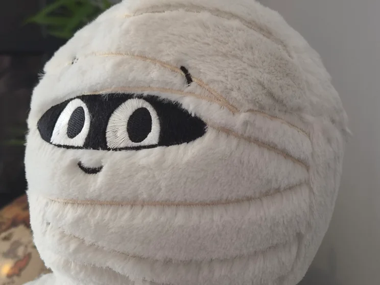 Close up of a mummy plushie