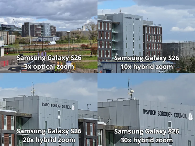 Comparison showing four different levels of zoom on the Samsung Galaxy S26