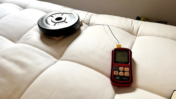 A thermocouple thermometer being used to test the temperature retention of the Simba Natural Hybrid Escape mattress