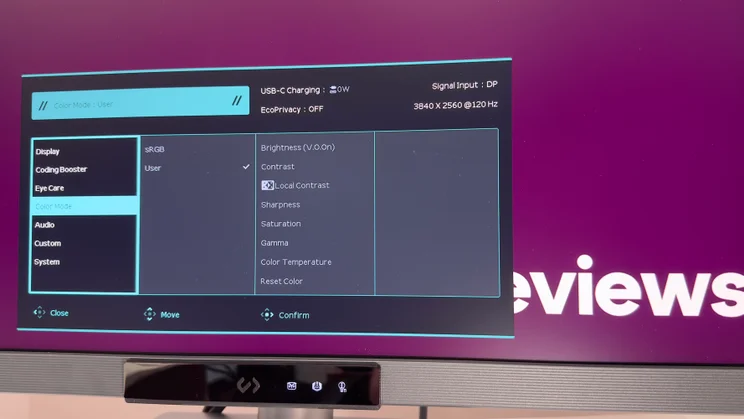 The BenQ RD280UG monitor's on screen menu