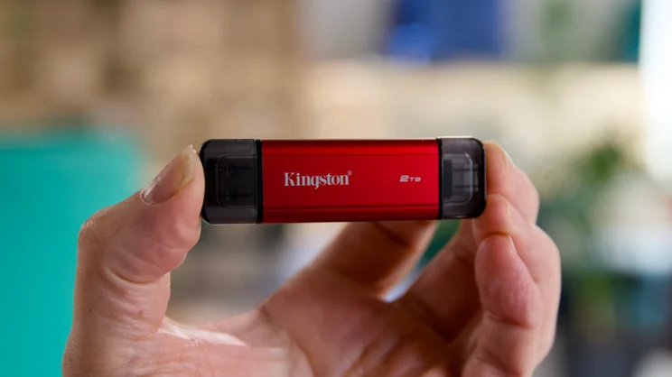 The Kingston Dual Portable SSD 2TB pictured being held in hand