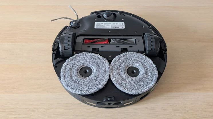The Roborock Saros 20 pictured from beneath with mop discs mounted