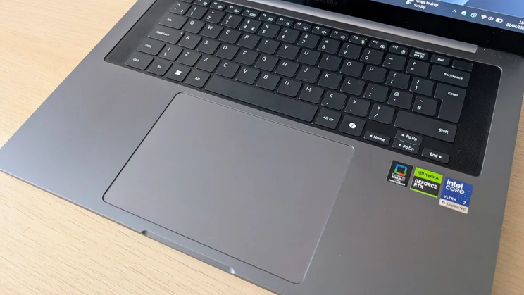 The Samsung Galaxy Book6 Ultra's keyboard and touchpad,pictured from above and to the right