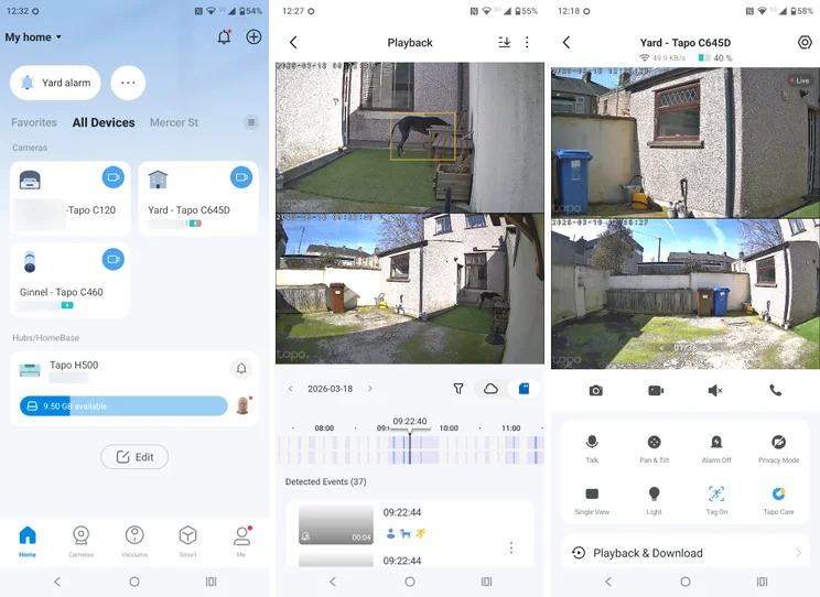 Three screenshots from teh Tapo app