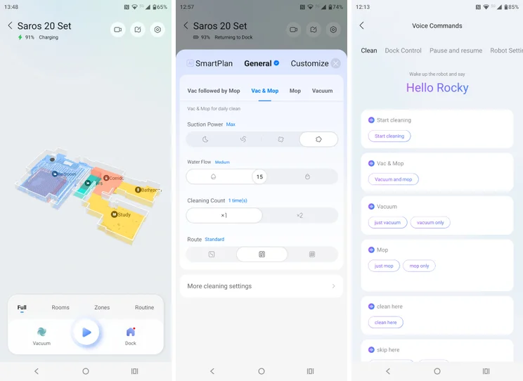 Three screenshots of the Roboroack Saros 20 app