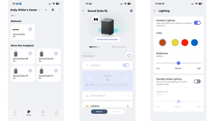 Three screenshots from the LG ThinQ app showing the homepage and settings for an LG Sound Suite M7 speaker