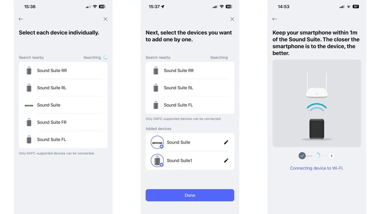 Three screenshots from the LG ThinQ app showing the process for adding LG Sound Suite speakers