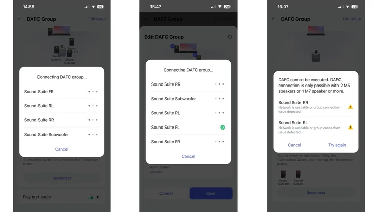 Three screenshots from the LG ThinQ app showing the Connecting to DAFC group pop-ups