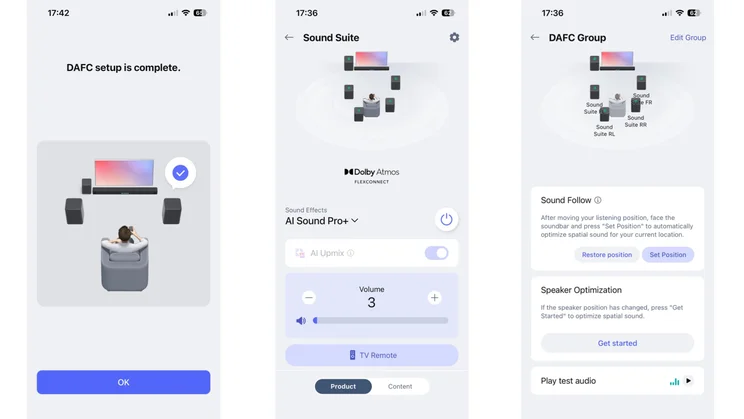 Three screenshots from the LG ThinQ app showing the DAFC settings