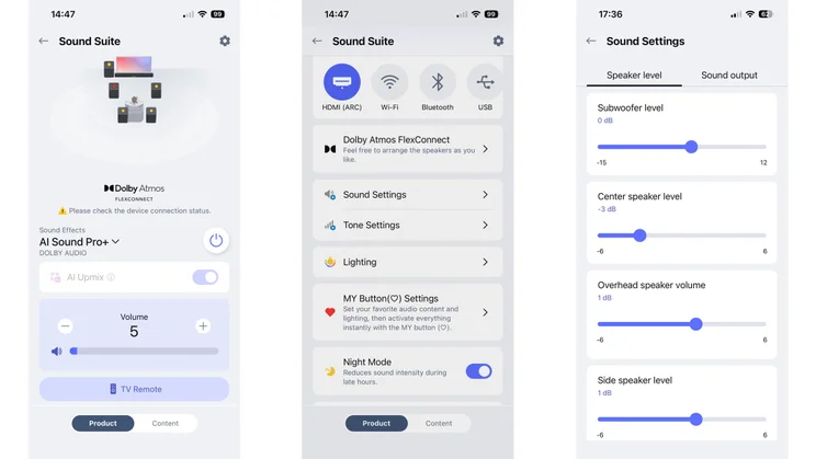Three screenshots from the ThinQ app showing the settings for the LG Sound Suite H7 soundbar
