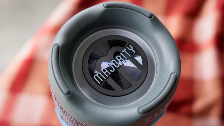 Close-up of one end of the Majority Move M3 portable Bluetooth speaker