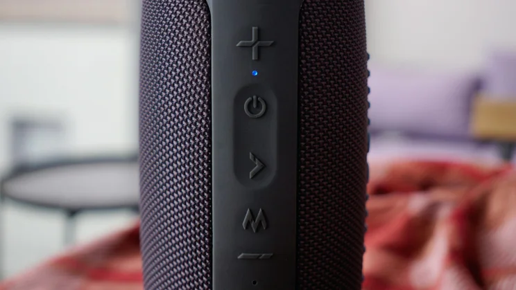 The physical buttons along the side of the Majority Move M3 portable Bluetooth speaker