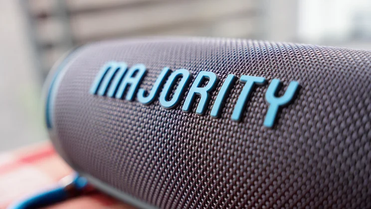 Close-up of the Majority logo on the Majority Move M3 portable Bluetooth speaker