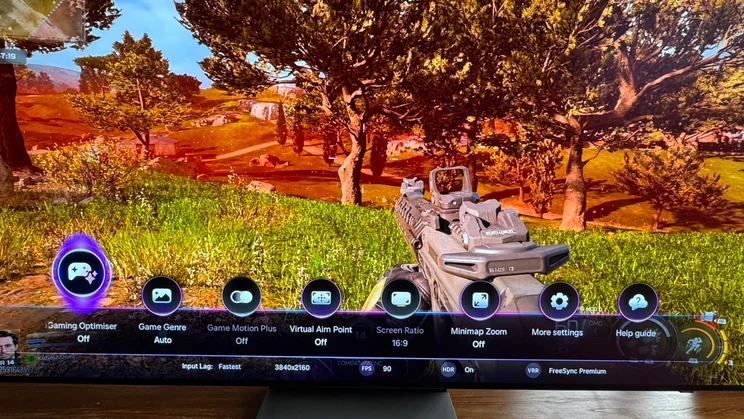 The Samsung Game Bar being displayed on the screen of the Samsung R95H Micro LED TV