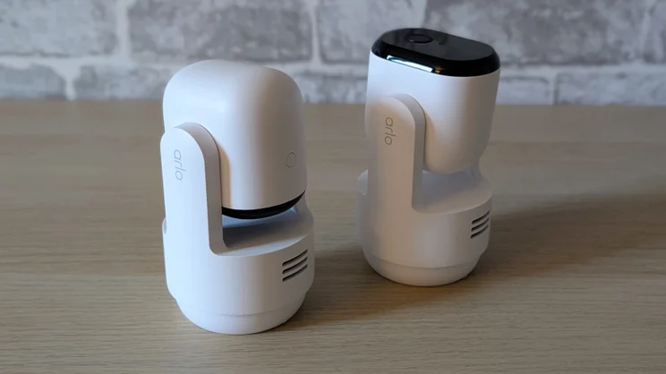 A pair of Arlo Essential 3 pan tilt security cameras