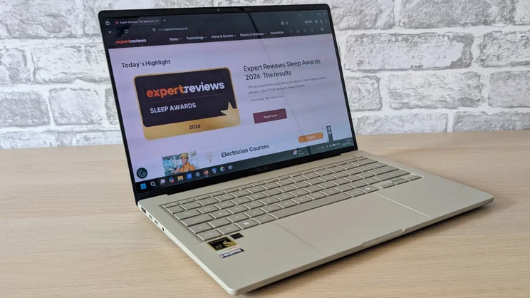 Asus Zenbook A14 (2026) open, pictured from the front left quarter
