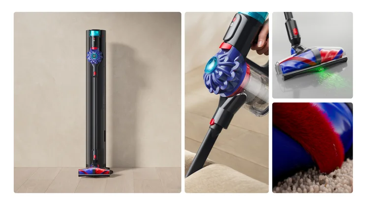 A collage of the Dyson V10 Konical and the Auto-empty Dok