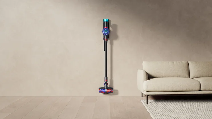 A concept image of the Dyson V10 Konical vacuum cleaner attached to a living room on its dock
