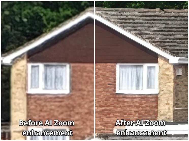 Comparison shots of a house with and without AI upscaling
