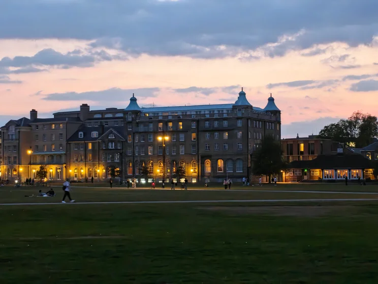A large building at twilight