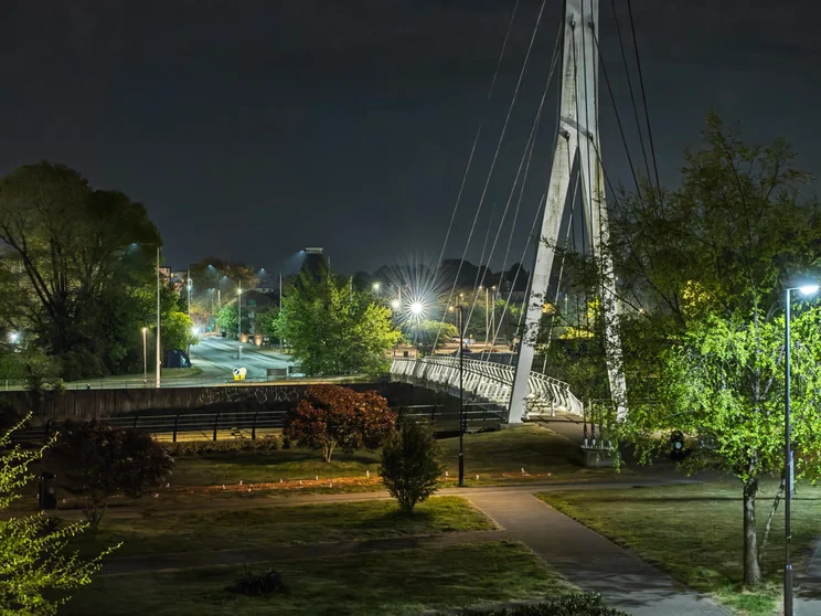 Telephoto zoom of a bridge at night