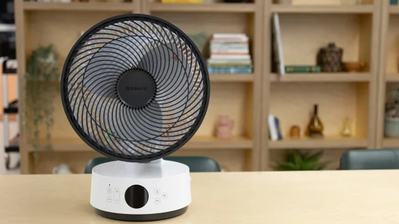 The Meaco Sefte Pro 10in Table Air Circulator on a table in an office