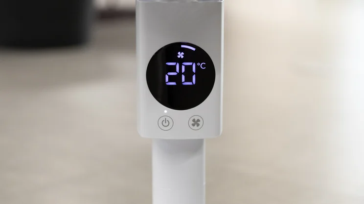 A closeup of the Meaco Sefte Pro 10in Pedestal Fan's digital display and controls