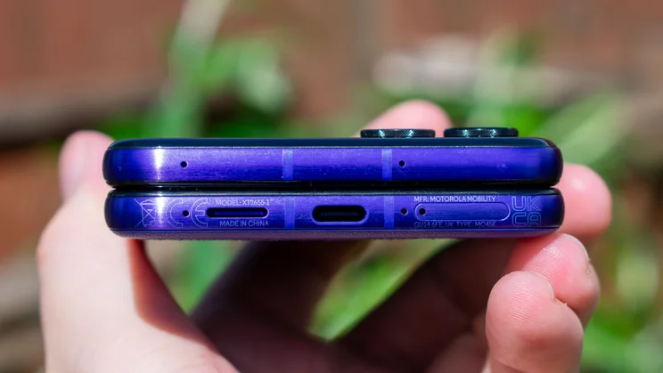Motorola Razr 70 Ultra folded in hand, bottom view